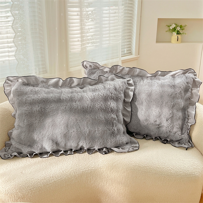 91家纺网 家纺一手货源 找家纺 梦舒羽 2025新款兔毛绒单人枕套牛奶绒枕芯套雪花绒宿舍枕头套-泡泡 兔毛绒泡泡花边款-烟雨灰