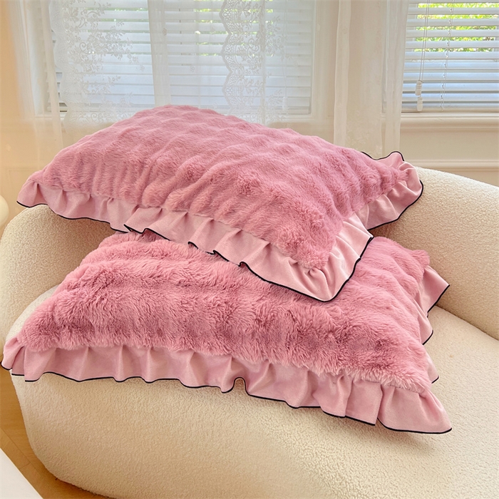 91家纺网 家纺一手货源 找家纺 梦舒羽 2025新款兔毛绒单人枕套牛奶绒枕芯套雪花绒宿舍枕头套-泡泡 兔毛绒泡泡花边款-云梦粉