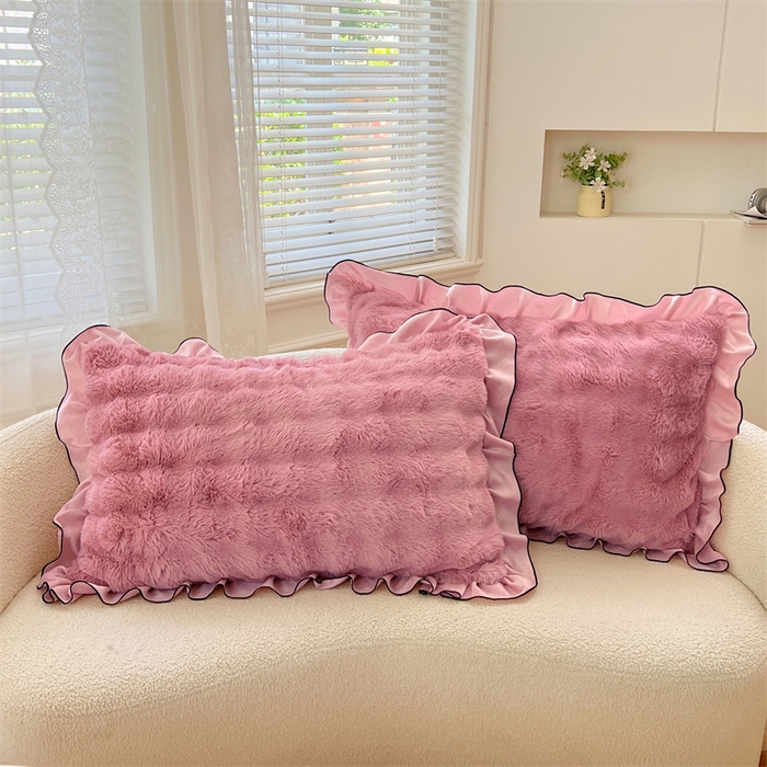 91家纺网 家纺一手货源 找家纺 梦舒羽 2025新款兔毛绒单人枕套牛奶绒枕芯套雪花绒宿舍枕头套-泡泡 兔毛绒泡泡花边款-云梦粉