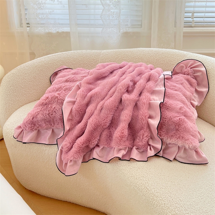 91家纺网 家纺一手货源 找家纺 梦舒羽 2025新款兔毛绒单人枕套牛奶绒枕芯套雪花绒宿舍枕头套-泡泡 兔毛绒泡泡花边款-云梦粉