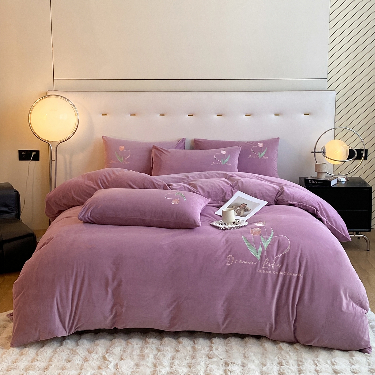 91家纺网 家纺一手货源 找家纺 （总）如一 2025新款水晶绒双拼刺绣四件套-郁金香系列