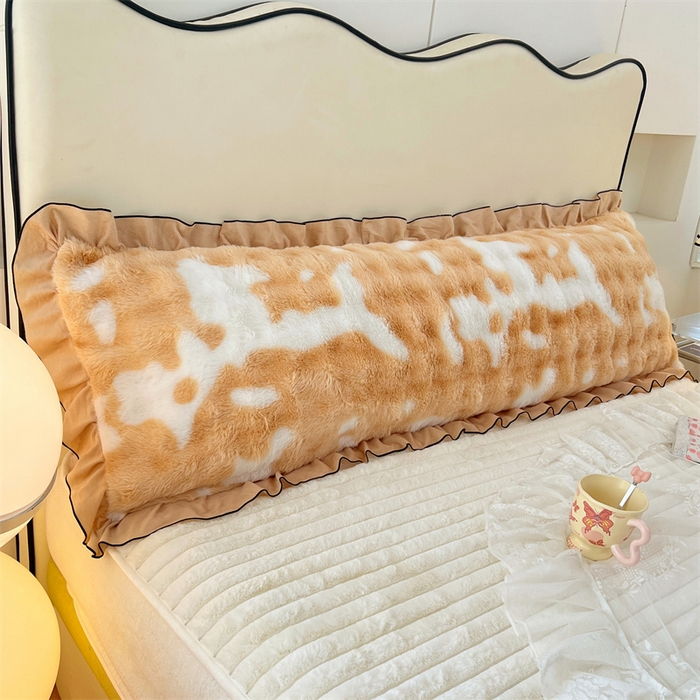 91家纺网 家纺一手货源 找家纺 梦舒羽 2025新款兔毛绒花边双人枕套牛奶绒加长情侣枕芯套雪花绒枕头套-泡泡 兔毛绒泡泡花边款-梦幻奶咖