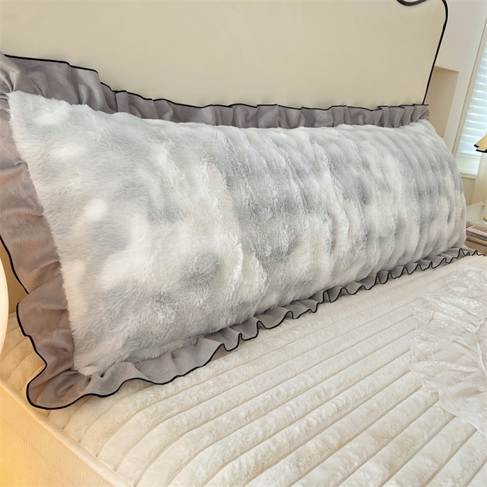 梦舒羽 2025新款兔毛绒花边双人枕套牛奶绒加长情侣枕芯套雪花绒枕头套-泡泡 兔毛绒泡泡花边款-梦幻浅灰