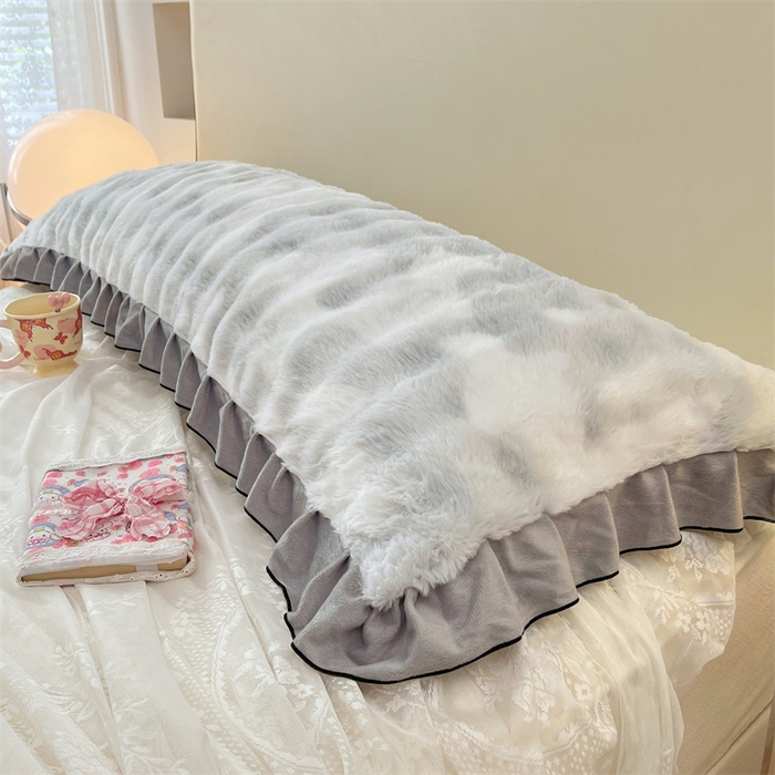 91家纺网 家纺一手货源 找家纺 梦舒羽 2025新款兔毛绒花边双人枕套牛奶绒加长情侣枕芯套雪花绒枕头套-泡泡 兔毛绒泡泡花边款-梦幻浅灰