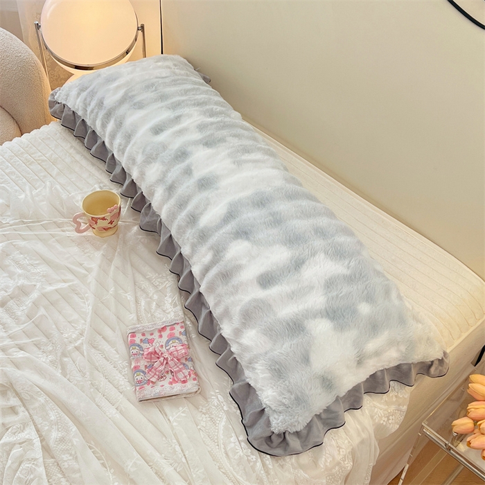 91家纺网 家纺一手货源 找家纺 梦舒羽 2025新款兔毛绒花边双人枕套牛奶绒加长情侣枕芯套雪花绒枕头套-泡泡 兔毛绒泡泡花边款-梦幻浅灰