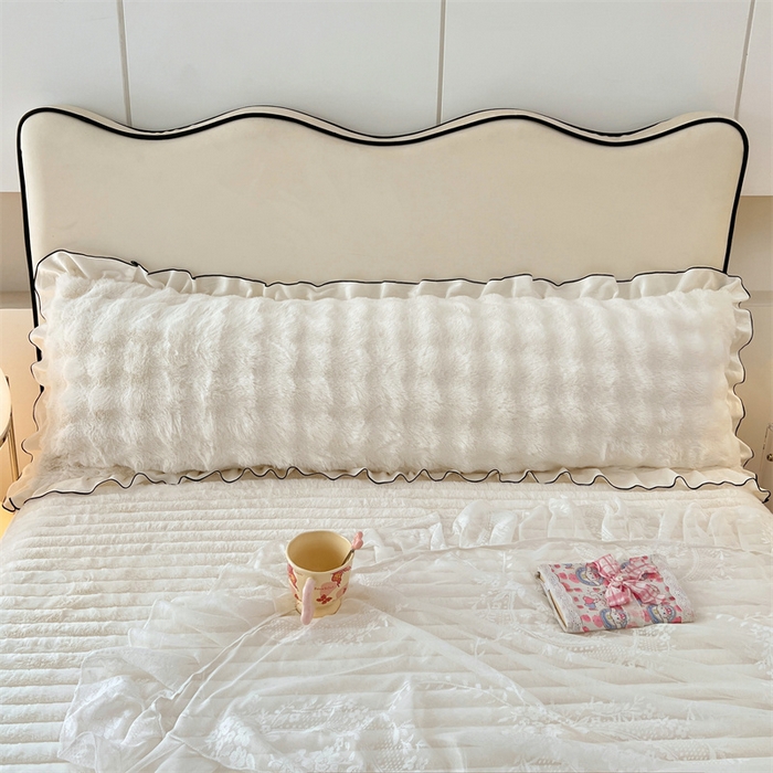 91家纺网 家纺一手货源 找家纺 梦舒羽 2025新款兔毛绒花边双人枕套牛奶绒加长情侣枕芯套雪花绒枕头套-泡泡 兔毛绒泡泡花边款-晨曦白