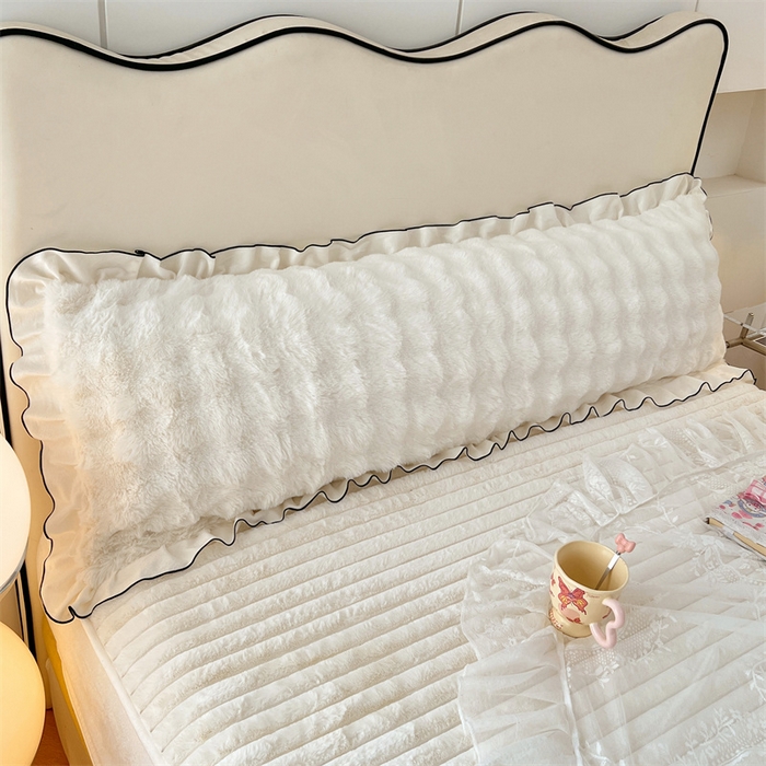 91家纺网 家纺一手货源 找家纺 梦舒羽 2025新款兔毛绒花边双人枕套牛奶绒加长情侣枕芯套雪花绒枕头套-泡泡 兔毛绒泡泡花边款-晨曦白