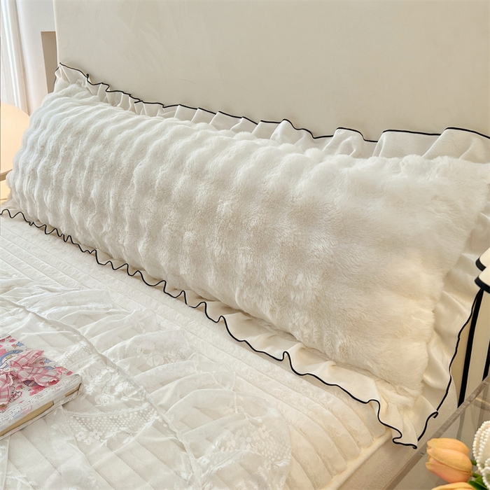 91家纺网 家纺一手货源 找家纺 梦舒羽 2025新款兔毛绒花边双人枕套牛奶绒加长情侣枕芯套雪花绒枕头套-泡泡 兔毛绒泡泡花边款-晨曦白