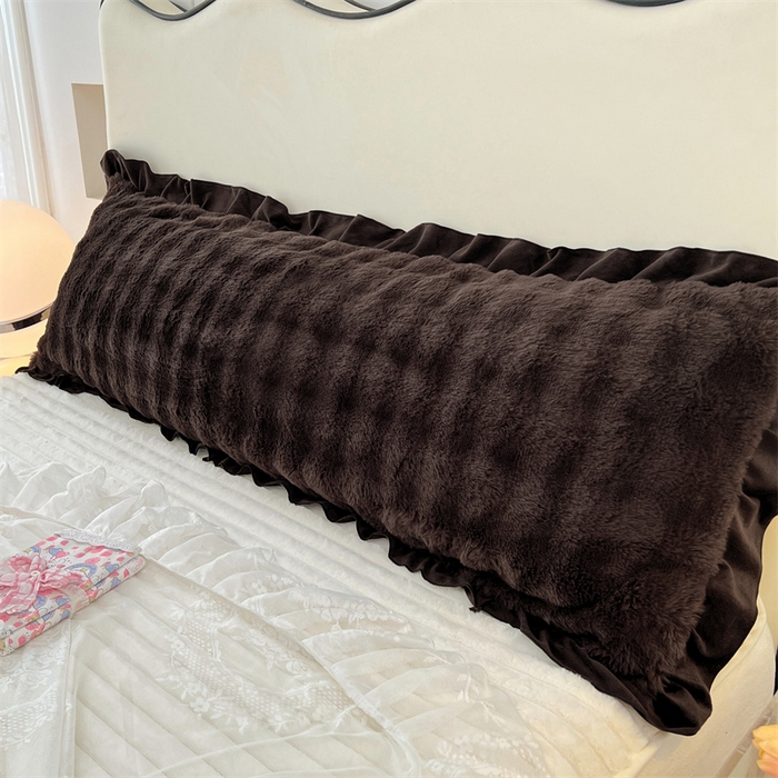 91家纺网 家纺一手货源 找家纺 梦舒羽 2025新款兔毛绒花边双人枕套牛奶绒加长情侣枕芯套雪花绒枕头套-泡泡 兔毛绒泡泡花边款-咖啡色