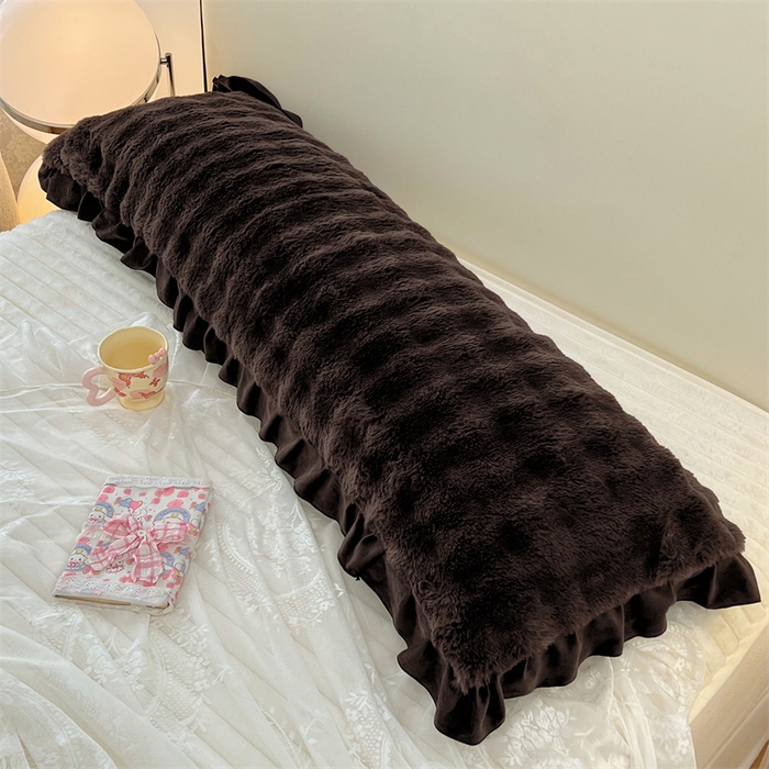 91家纺网 家纺一手货源 找家纺 梦舒羽 2025新款兔毛绒花边双人枕套牛奶绒加长情侣枕芯套雪花绒枕头套-泡泡 兔毛绒泡泡花边款-咖啡色