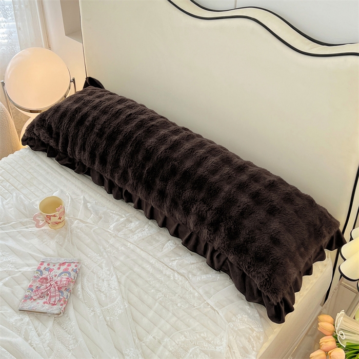 91家纺网 家纺一手货源 找家纺 梦舒羽 2025新款兔毛绒花边双人枕套牛奶绒加长情侣枕芯套雪花绒枕头套-泡泡 兔毛绒泡泡花边款-咖啡色