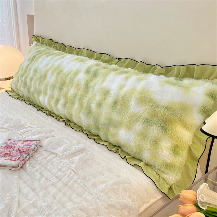 91家纺网 家纺一手货源 找家纺 梦舒羽 2025新款兔毛绒花边双人枕套牛奶绒加长情侣枕芯套雪花绒枕头套-泡泡 兔毛绒泡泡花边款-梦幻果绿