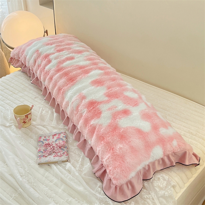 91家纺网 家纺一手货源 找家纺 梦舒羽 2025新款兔毛绒花边双人枕套牛奶绒加长情侣枕芯套雪花绒枕头套-泡泡 兔毛绒泡泡花边款-梦幻樱粉