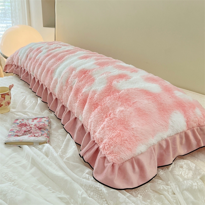 91家纺网 家纺一手货源 找家纺 梦舒羽 2025新款兔毛绒花边双人枕套牛奶绒加长情侣枕芯套雪花绒枕头套-泡泡 兔毛绒泡泡花边款-梦幻樱粉