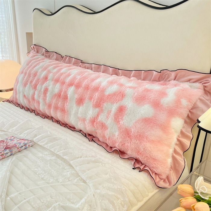 91家纺网 家纺一手货源 找家纺 梦舒羽 2025新款兔毛绒花边双人枕套牛奶绒加长情侣枕芯套雪花绒枕头套-泡泡 兔毛绒泡泡花边款-梦幻樱粉