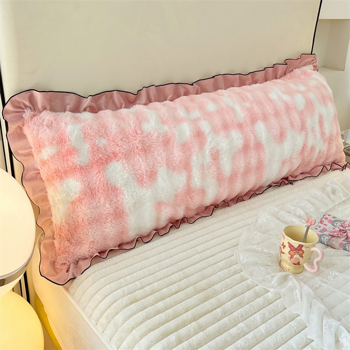 91家纺网 家纺一手货源 找家纺 梦舒羽 2025新款兔毛绒花边双人枕套牛奶绒加长情侣枕芯套雪花绒枕头套-泡泡 兔毛绒泡泡花边款-梦幻樱粉