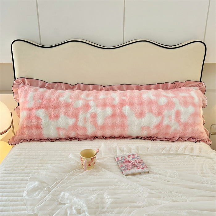 91家纺网 家纺一手货源 找家纺 梦舒羽 2025新款兔毛绒花边双人枕套牛奶绒加长情侣枕芯套雪花绒枕头套-泡泡 兔毛绒泡泡花边款-梦幻樱粉