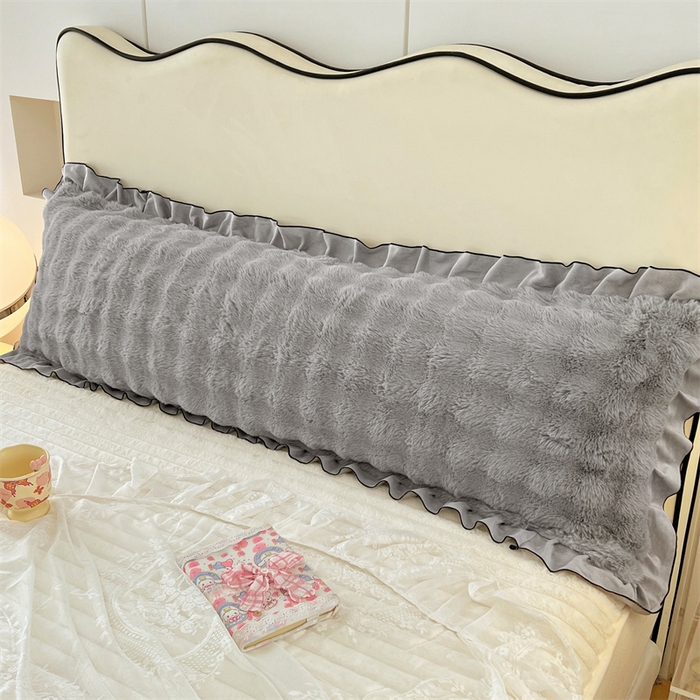 91家纺网 家纺一手货源 找家纺 梦舒羽 2025新款兔毛绒花边双人枕套牛奶绒加长情侣枕芯套雪花绒枕头套-泡泡 兔毛绒泡泡花边款-烟雨灰