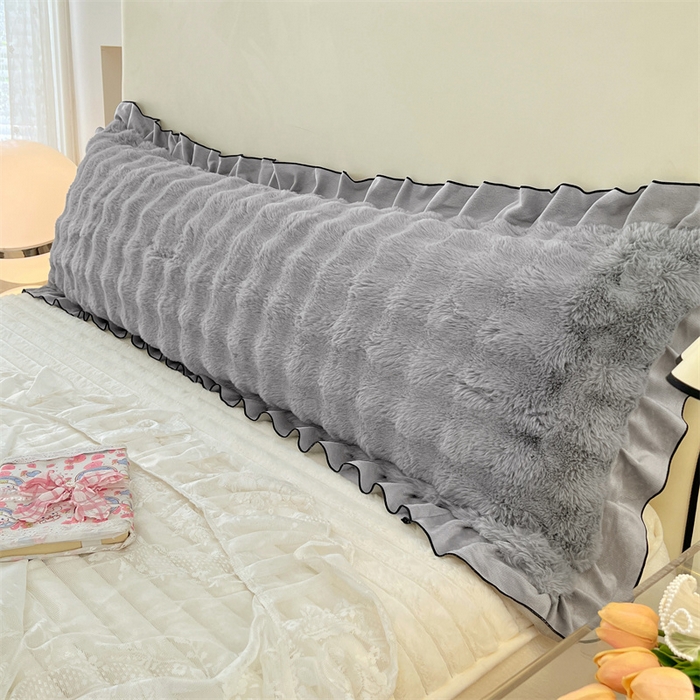 91家纺网 家纺一手货源 找家纺 梦舒羽 2025新款兔毛绒花边双人枕套牛奶绒加长情侣枕芯套雪花绒枕头套-泡泡 兔毛绒泡泡花边款-烟雨灰