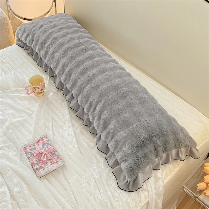 91家纺网 家纺一手货源 找家纺 梦舒羽 2025新款兔毛绒花边双人枕套牛奶绒加长情侣枕芯套雪花绒枕头套-泡泡 兔毛绒泡泡花边款-烟雨灰