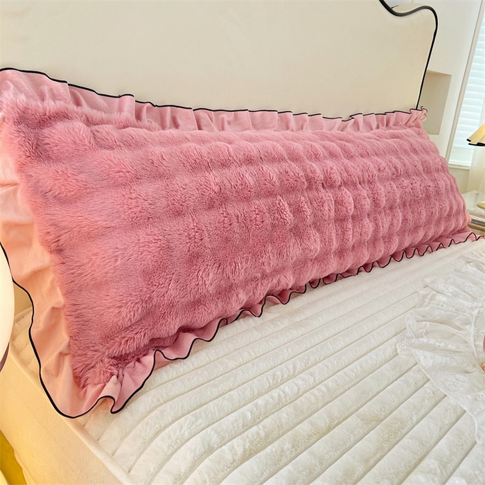 梦舒羽 2025新款兔毛绒花边双人枕套牛奶绒加长情侣枕芯套雪花绒枕头套-泡泡 兔毛绒泡泡花边款-云梦粉