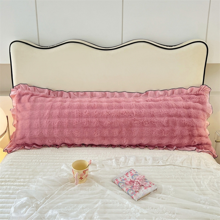 91家纺网 家纺一手货源 找家纺 梦舒羽 2025新款兔毛绒花边双人枕套牛奶绒加长情侣枕芯套雪花绒枕头套-泡泡 兔毛绒泡泡花边款-云梦粉
