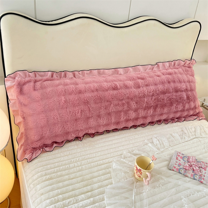 91家纺网 家纺一手货源 找家纺 梦舒羽 2025新款兔毛绒花边双人枕套牛奶绒加长情侣枕芯套雪花绒枕头套-泡泡 兔毛绒泡泡花边款-云梦粉