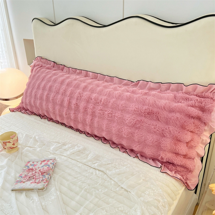 91家纺网 家纺一手货源 找家纺 梦舒羽 2025新款兔毛绒花边双人枕套牛奶绒加长情侣枕芯套雪花绒枕头套-泡泡 兔毛绒泡泡花边款-云梦粉