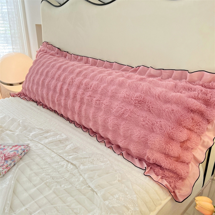 91家纺网 家纺一手货源 找家纺 梦舒羽 2025新款兔毛绒花边双人枕套牛奶绒加长情侣枕芯套雪花绒枕头套-泡泡 兔毛绒泡泡花边款-云梦粉