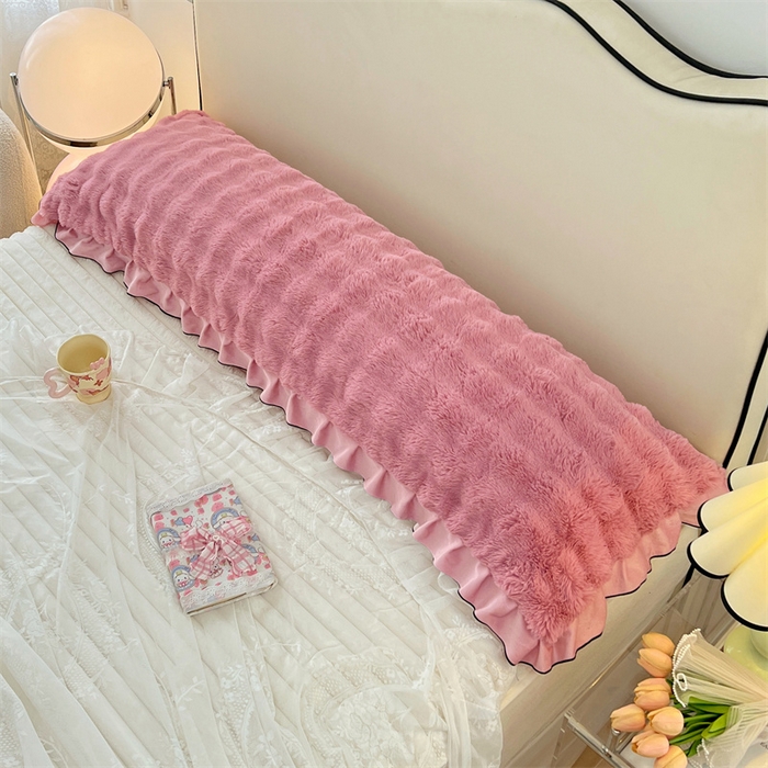 91家纺网 家纺一手货源 找家纺 梦舒羽 2025新款兔毛绒花边双人枕套牛奶绒加长情侣枕芯套雪花绒枕头套-泡泡 兔毛绒泡泡花边款-云梦粉