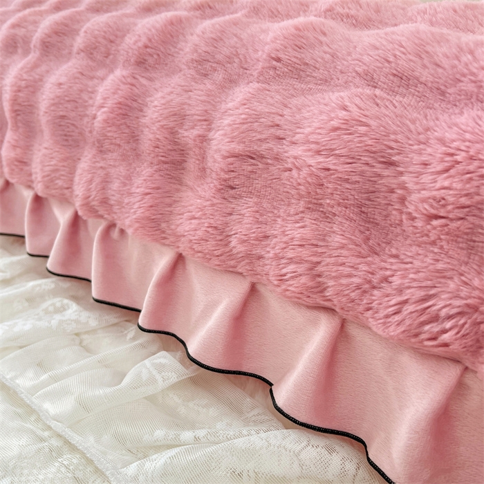 91家纺网 家纺一手货源 找家纺 梦舒羽 2025新款兔毛绒花边双人枕套牛奶绒加长情侣枕芯套雪花绒枕头套-泡泡 兔毛绒泡泡花边款-云梦粉