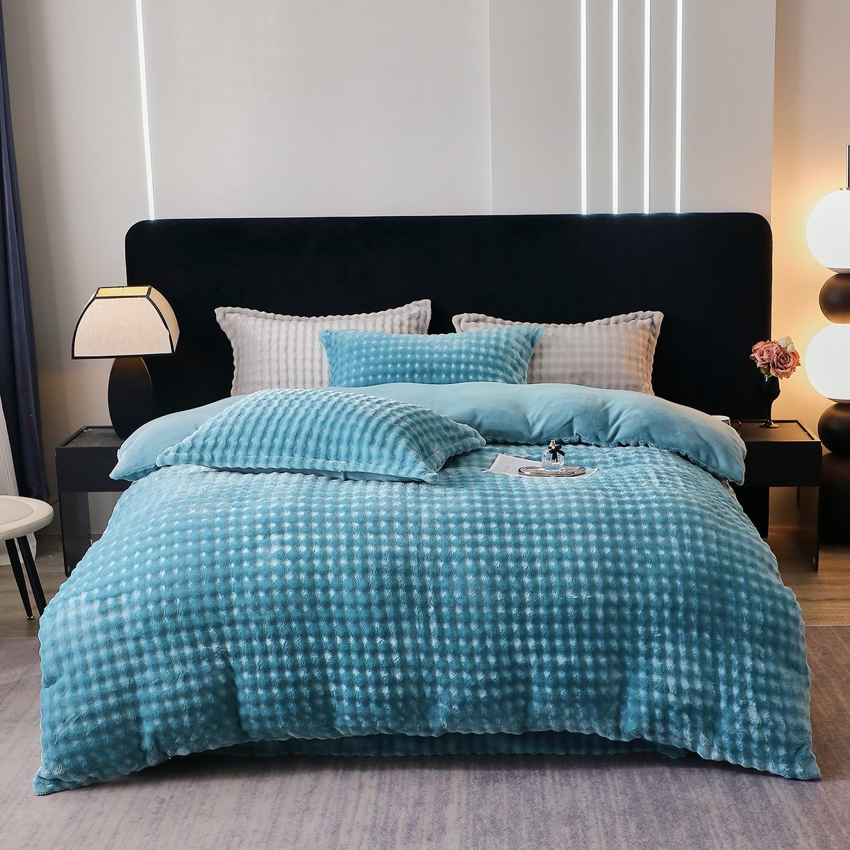 坦客毯业 2025新款泡泡绒仿兔毛绒四件套牛奶绒4件套8斤重加厚高密保暖 琉璃蓝