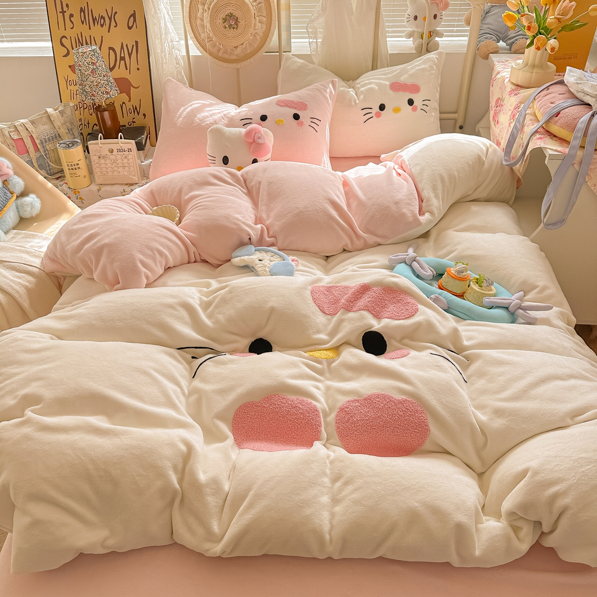 韩都家居 2025新款高克重萌系牛奶绒毛巾绣四件套 可爱猫咪
