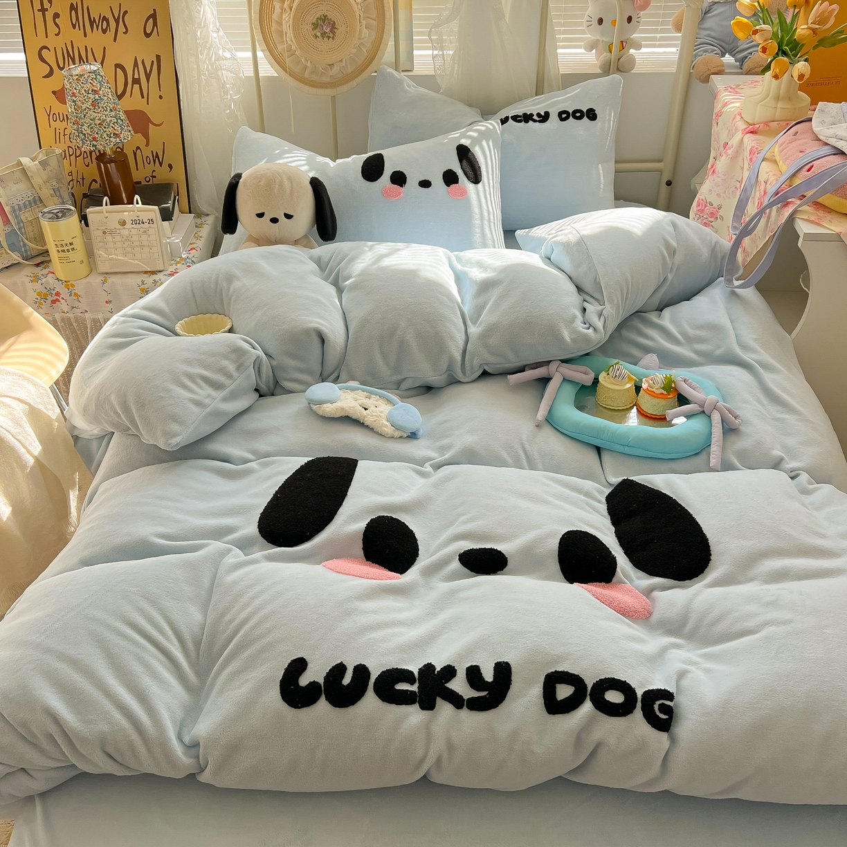 韩都家居 2025新款高克重萌系牛奶绒毛巾绣四件套 帕帕狗