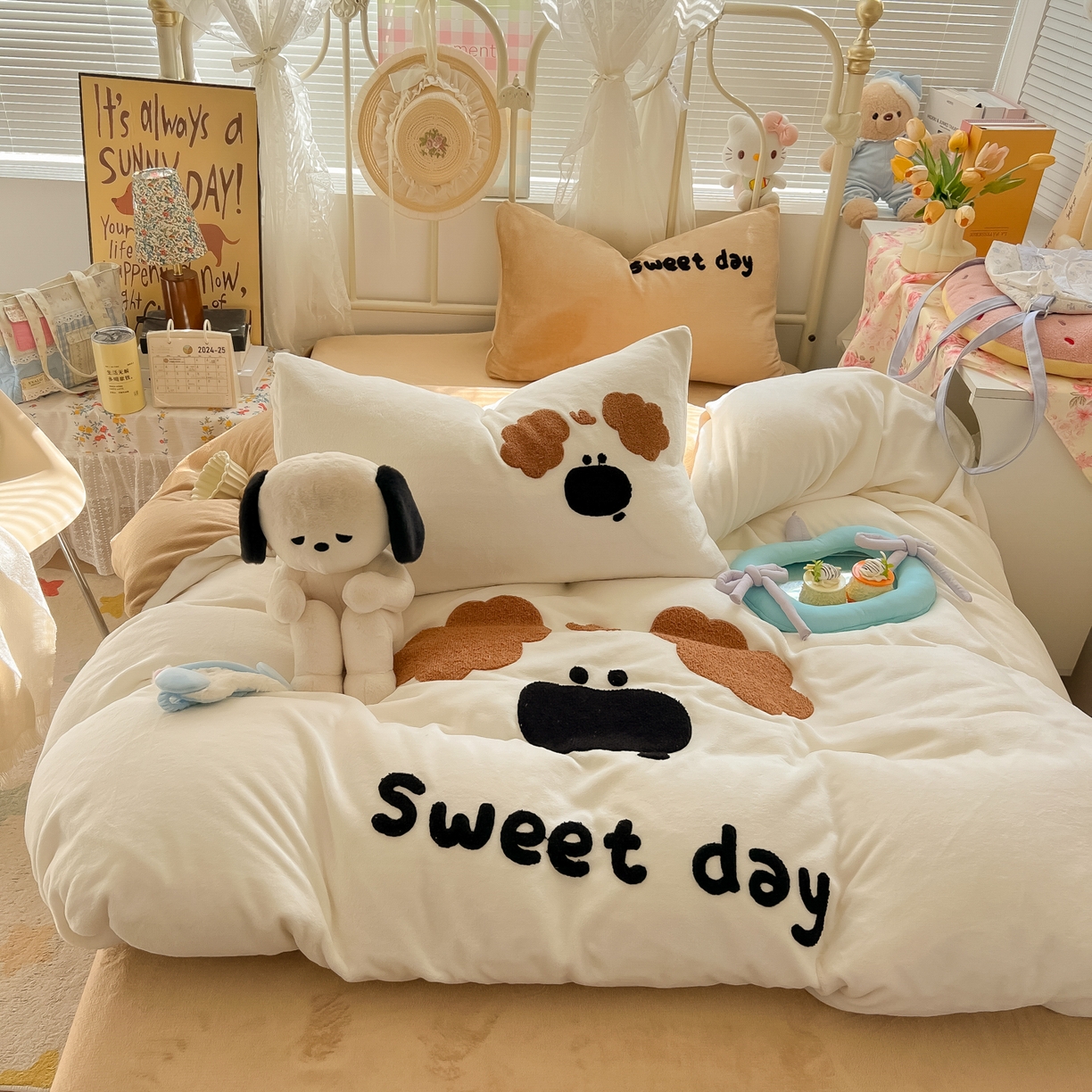 91家纺网 家纺一手货源 找家纺 韩都家居 2025新款高克重萌系牛奶绒毛巾绣四件套 毛毛狗