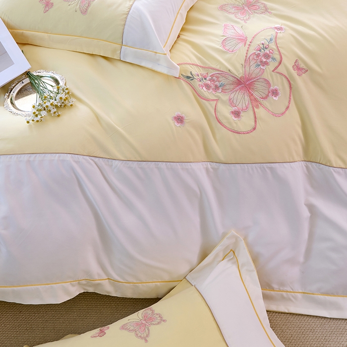 91家纺网 家纺一手货源 找家纺 包小包 2025新款臻丝棉拼角刺绣工艺四件套-羽栖 羽栖-奶黄