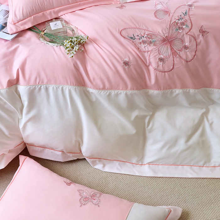 91家纺网 家纺一手货源 找家纺 包小包 2025新款臻丝棉拼角刺绣工艺四件套-羽栖 羽栖-浅粉