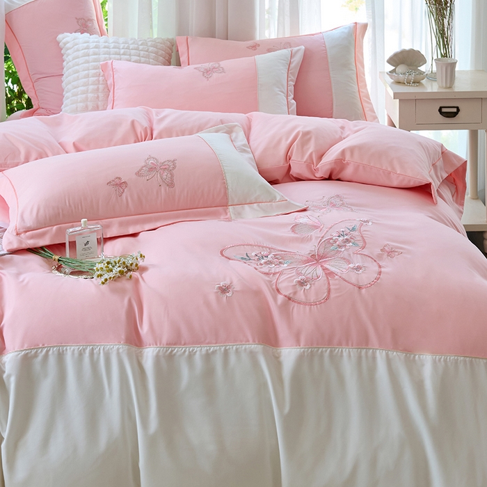 91家纺网 家纺一手货源 找家纺 包小包 2025新款臻丝棉拼角刺绣工艺四件套-羽栖 羽栖-浅粉