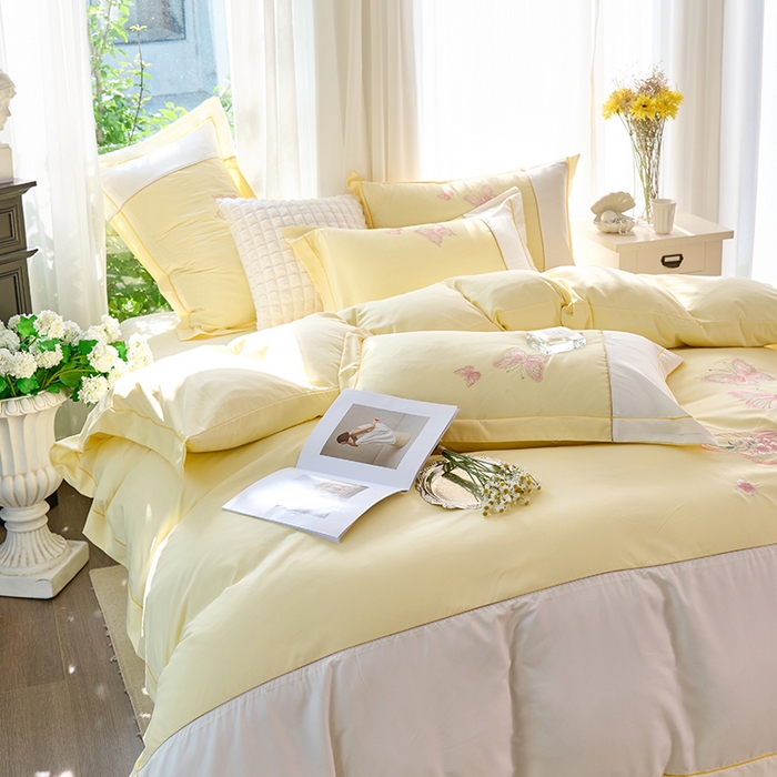 91家纺网 家纺一手货源 找家纺 包小包 2025新款臻丝棉拼角刺绣工艺四件套-羽栖 羽栖-奶黄