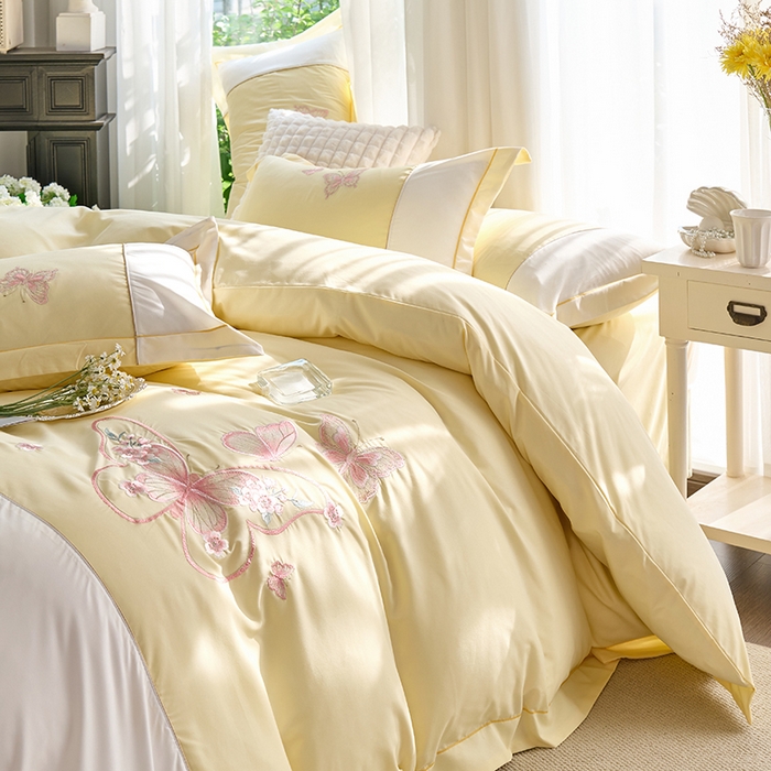 91家纺网 家纺一手货源 找家纺 包小包 2025新款臻丝棉拼角刺绣工艺四件套-羽栖 羽栖-奶黄