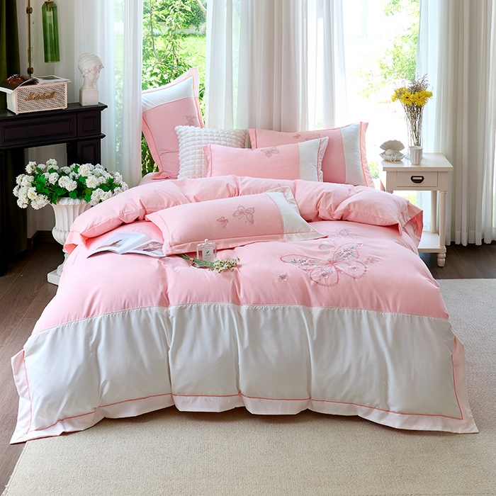 91家纺网 家纺一手货源 找家纺 包小包 2025新款臻丝棉拼角刺绣工艺四件套-羽栖 羽栖-浅粉