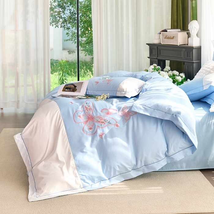 91家纺网 家纺一手货源 找家纺 包小包 2025新款臻丝棉拼角刺绣工艺四件套-羽栖 羽栖-天蓝