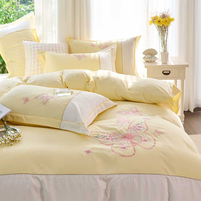 91家纺网 家纺一手货源 找家纺 包小包 2025新款臻丝棉拼角刺绣工艺四件套-羽栖 羽栖-奶黄