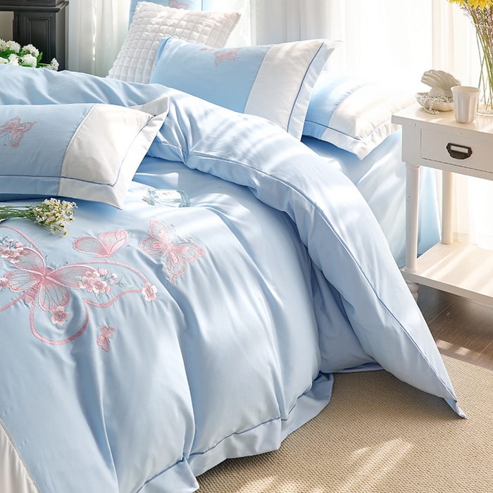 91家纺网 家纺一手货源 找家纺 包小包 2025新款臻丝棉拼角刺绣工艺四件套-羽栖 羽栖-天蓝