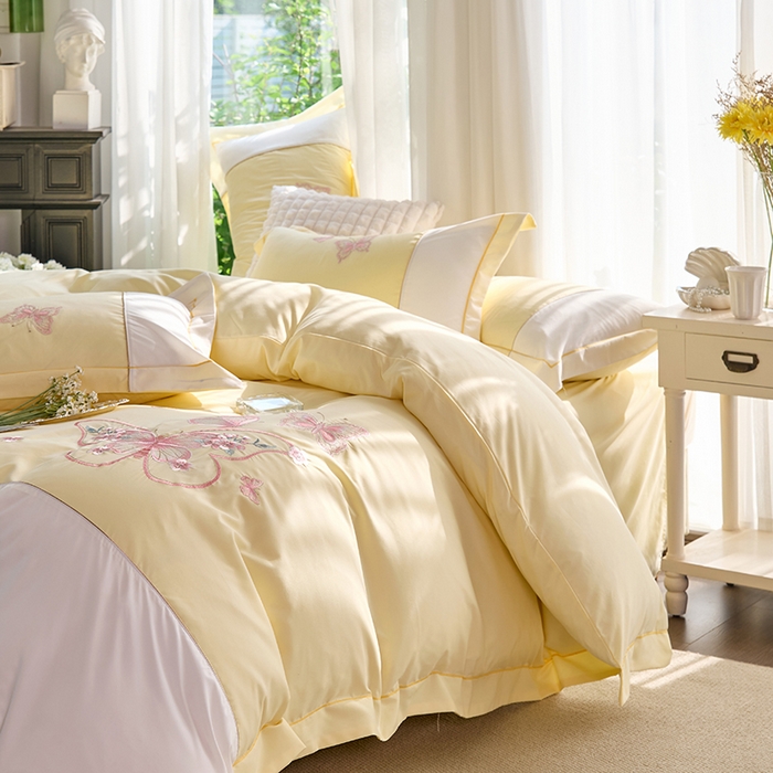 91家纺网 家纺一手货源 找家纺 包小包 2025新款臻丝棉拼角刺绣工艺四件套-羽栖 羽栖-奶黄