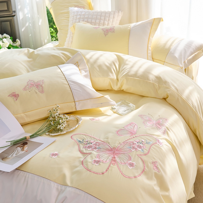 91家纺网 家纺一手货源 找家纺 包小包 2025新款臻丝棉拼角刺绣工艺四件套-羽栖 羽栖-奶黄