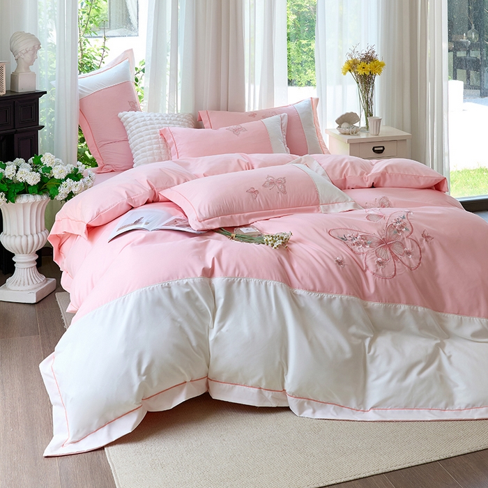 91家纺网 家纺一手货源 找家纺 包小包 2025新款臻丝棉拼角刺绣工艺四件套-羽栖 羽栖-浅粉