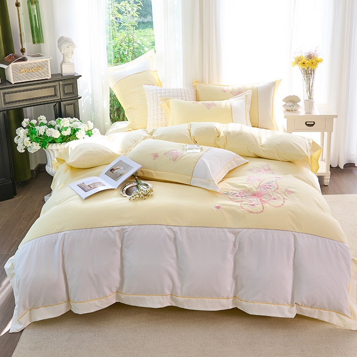 91家纺网 家纺一手货源 找家纺 包小包 2025新款臻丝棉拼角刺绣工艺四件套-羽栖 羽栖-奶黄