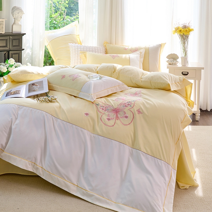 91家纺网 家纺一手货源 找家纺 包小包 2025新款臻丝棉拼角刺绣工艺四件套-羽栖 羽栖-奶黄