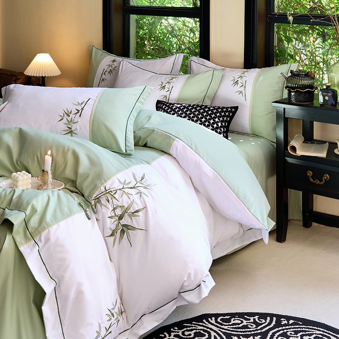 91家纺网 家纺一手货源 找家纺 （总）包小包 2025新款新中式臻丝棉工艺款刺绣四件套-浅漾系列